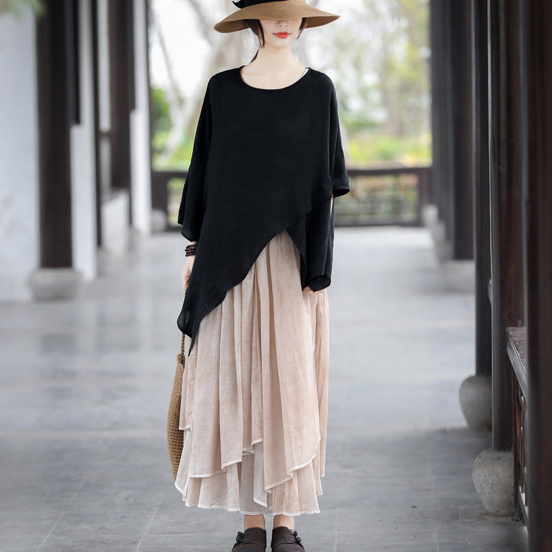 Fairy Irregular Linen Women Skirts-Long Skirts-Khaki-One Size-Free Shipping Leatheretro