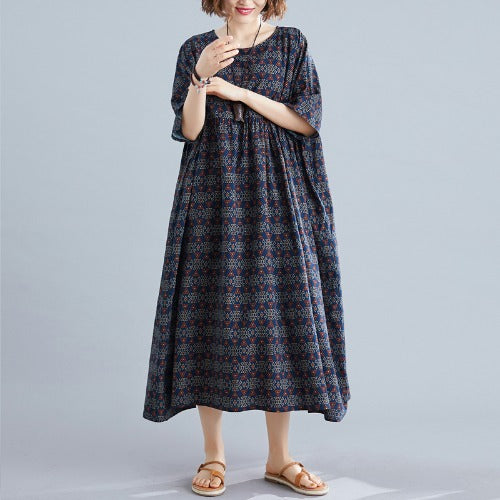 Vintage Linen Plus Sizes Summer Long Maxi Dresses-Dresses-Navy Blue-One Size-Free Shipping Leatheretro
