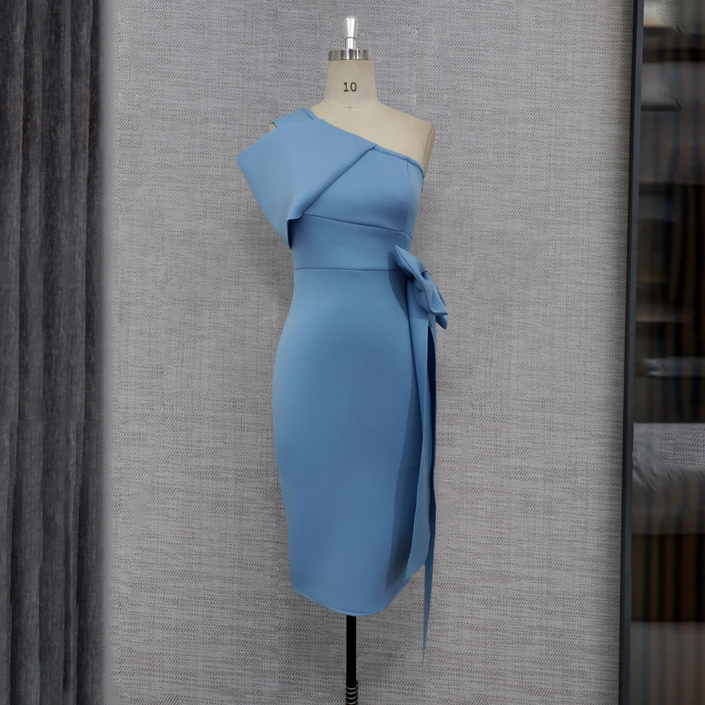 Sexy One Shoulder Bowknot Sheath Party Dresses-Dresses-Sky Blue-S-Free Shipping Leatheretro