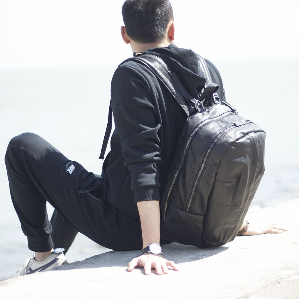 Black Classical Leather Traveling Backpack 8021-Leatehr Backpack-Black-Free Shipping Leatheretro