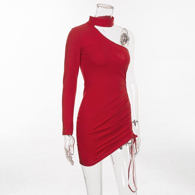 Long Sleeve Pleated Lace Up Mini Dress-Sexy Dresses-S-Red-Free Shipping Leatheretro