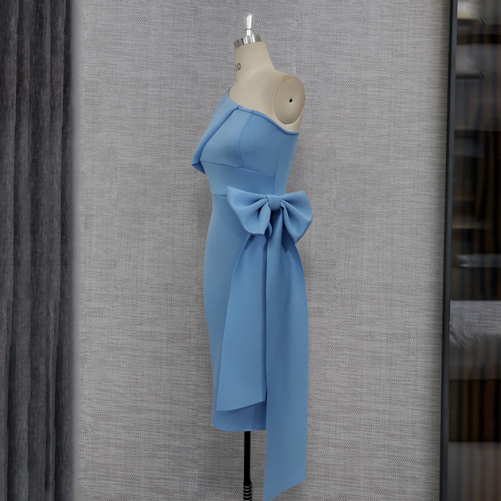 Sexy One Shoulder Bowknot Sheath Party Dresses-Dresses-Sky Blue-S-Free Shipping Leatheretro