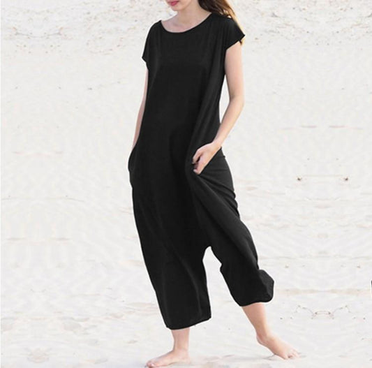 Women Leisure Short Sleeves Loose Jumsuits-One Piece Suits-Black-S-Free Shipping Leatheretro