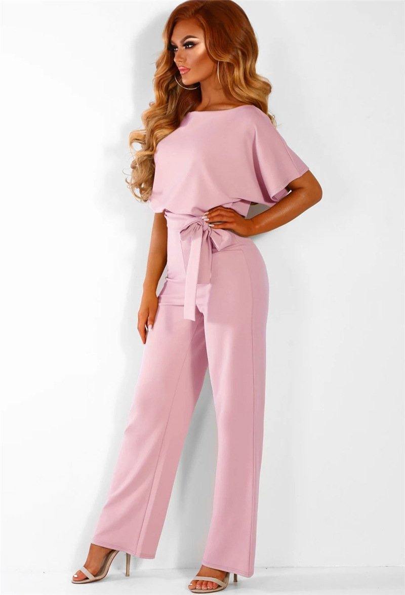 Women Summer Belt Short Sleeves Summer Jumpsuits-One Piece Suits-Pink-S-Free Shipping Leatheretro