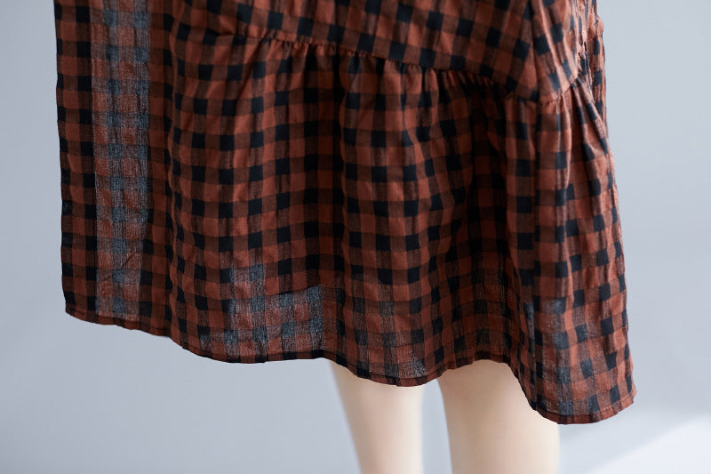 Casual Linen Plaid Plus Sizes Shirt Short Dresses-Dresses-Brown-One Size-Free Shipping Leatheretro