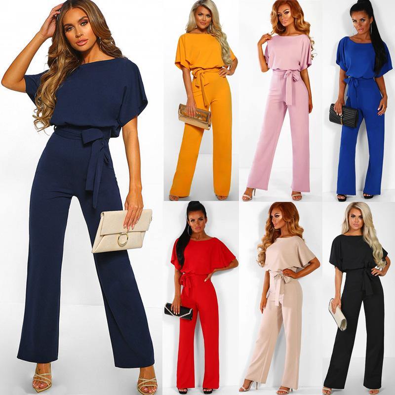 Women Summer Belt Short Sleeves Summer Jumpsuits-One Piece Suits-Yellow-S-Free Shipping Leatheretro