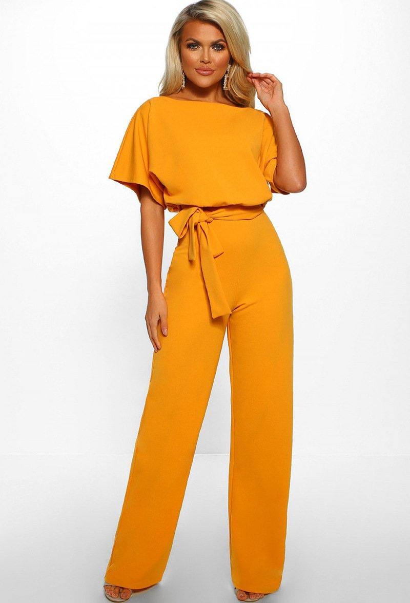 Women Summer Belt Short Sleeves Summer Jumpsuits-One Piece Suits-Yellow-S-Free Shipping Leatheretro