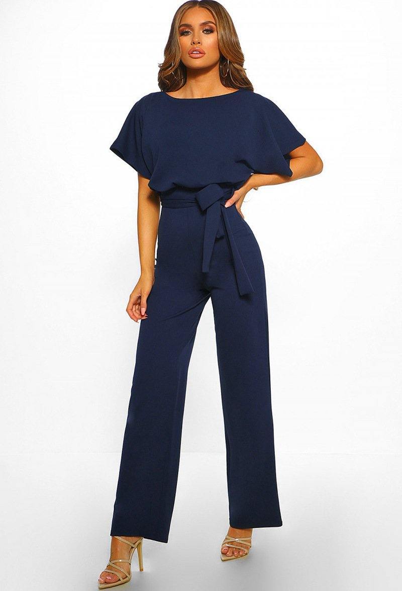 Women Summer Belt Short Sleeves Summer Jumpsuits-One Piece Suits-Dark Blue-S-Free Shipping Leatheretro