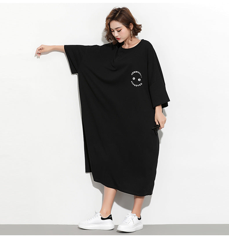 Fashion Plus Sizes Face Print Cozy T Shirt Dresses-Dresses-Black-One Size-Free Shipping Leatheretro