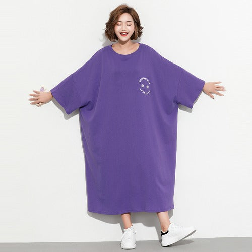 Fashion Plus Sizes Face Print Cozy T Shirt Dresses-Dresses-Purple-One Size-Free Shipping Leatheretro