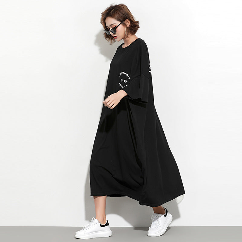 Fashion Plus Sizes Face Print Cozy T Shirt Dresses-Dresses-Black-One Size-Free Shipping Leatheretro