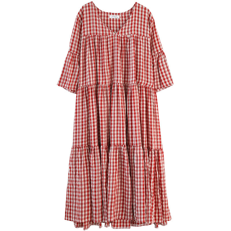 Red Plaid Plus Sizes Summer Midi Dresses-Dresses-Red-One Size-Free Shipping Leatheretro