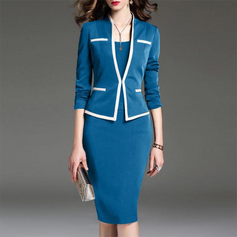 Women Sexy Turnover Office Lady Outfits-Office Dresses-Blue-S-Free Shipping Leatheretro
