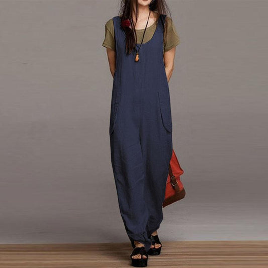 Women Round Neck Casual Pocket Jumpsuits-One Piece Suits-Black-S-Free Shipping Leatheretro