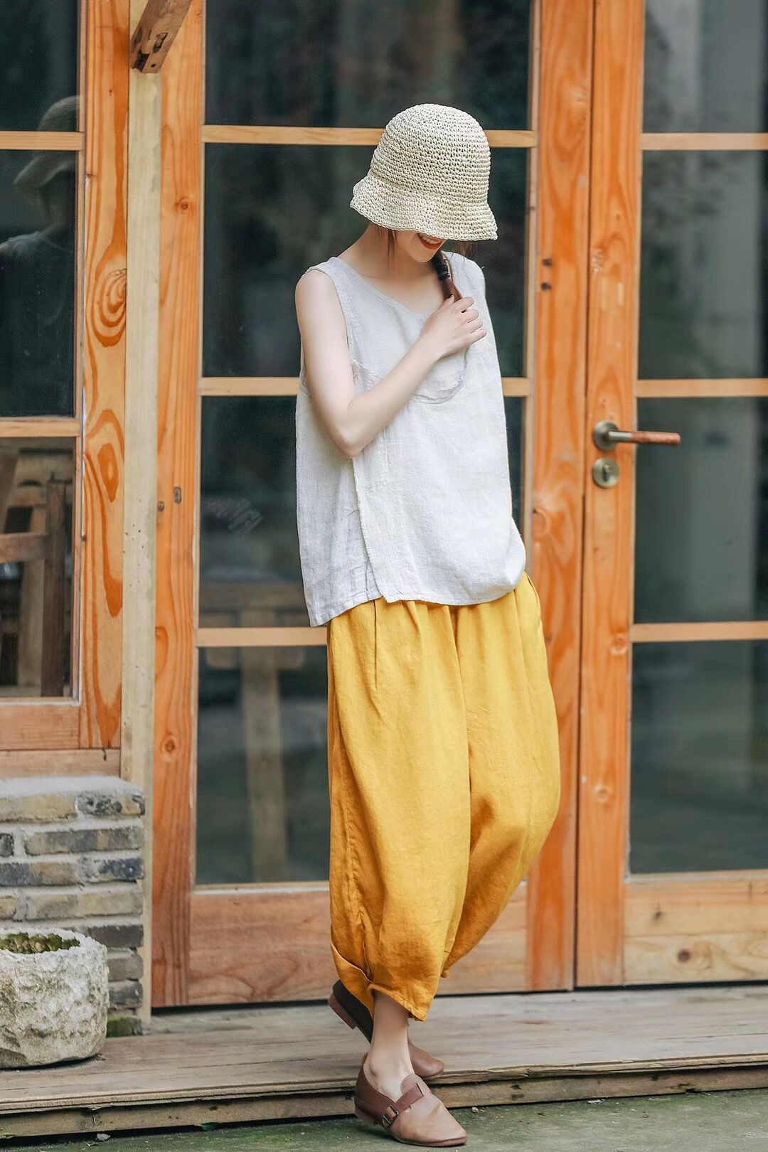 Ethnic Linen Elastic Waist Casual Pants for Women-Pants-White-One Size 45-65kg-Free Shipping Leatheretro