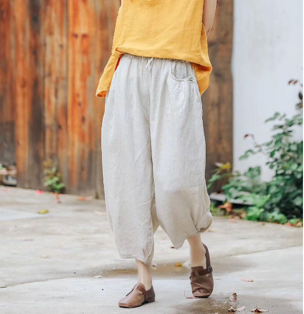 Ethnic Linen Elastic Waist Casual Pants for Women-Pants-Ivory-One Size 45-65kg-Free Shipping Leatheretro