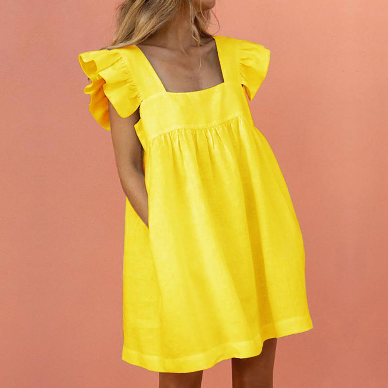 Casual Summer Loose Short Dresses-Mini Dresses-Yellow-S-Free Shipping Leatheretro
