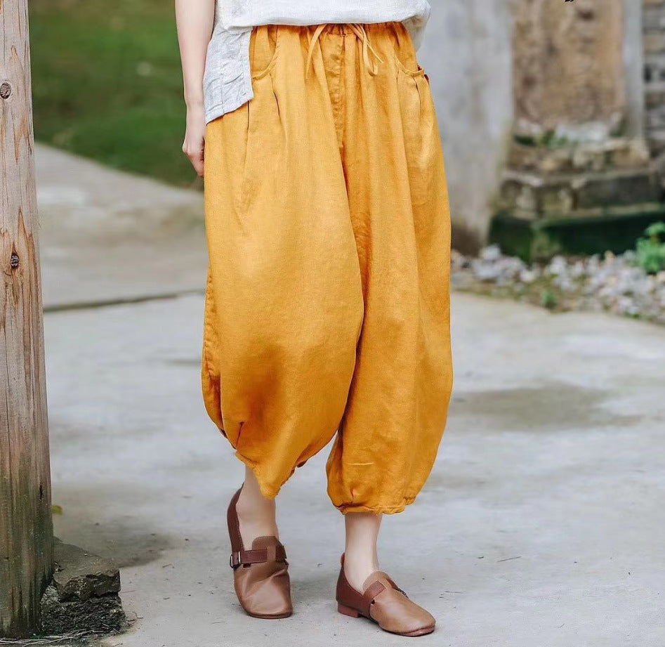 Ethnic Linen Elastic Waist Casual Pants for Women-Pants-Yellow-One Size 45-65kg-Free Shipping Leatheretro