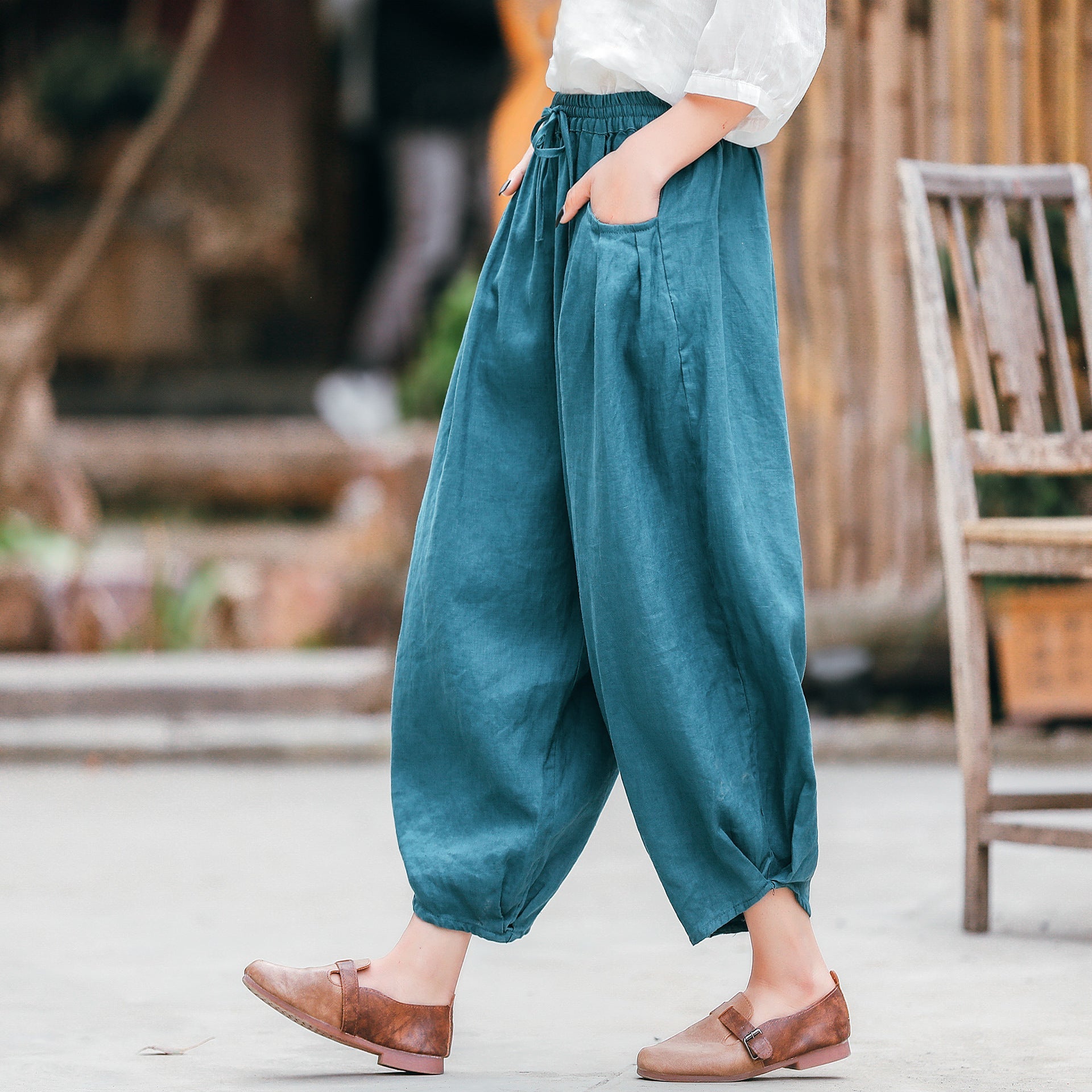 Ethnic Linen Elastic Waist Casual Pants for Women-Pants-White-One Size 45-65kg-Free Shipping Leatheretro