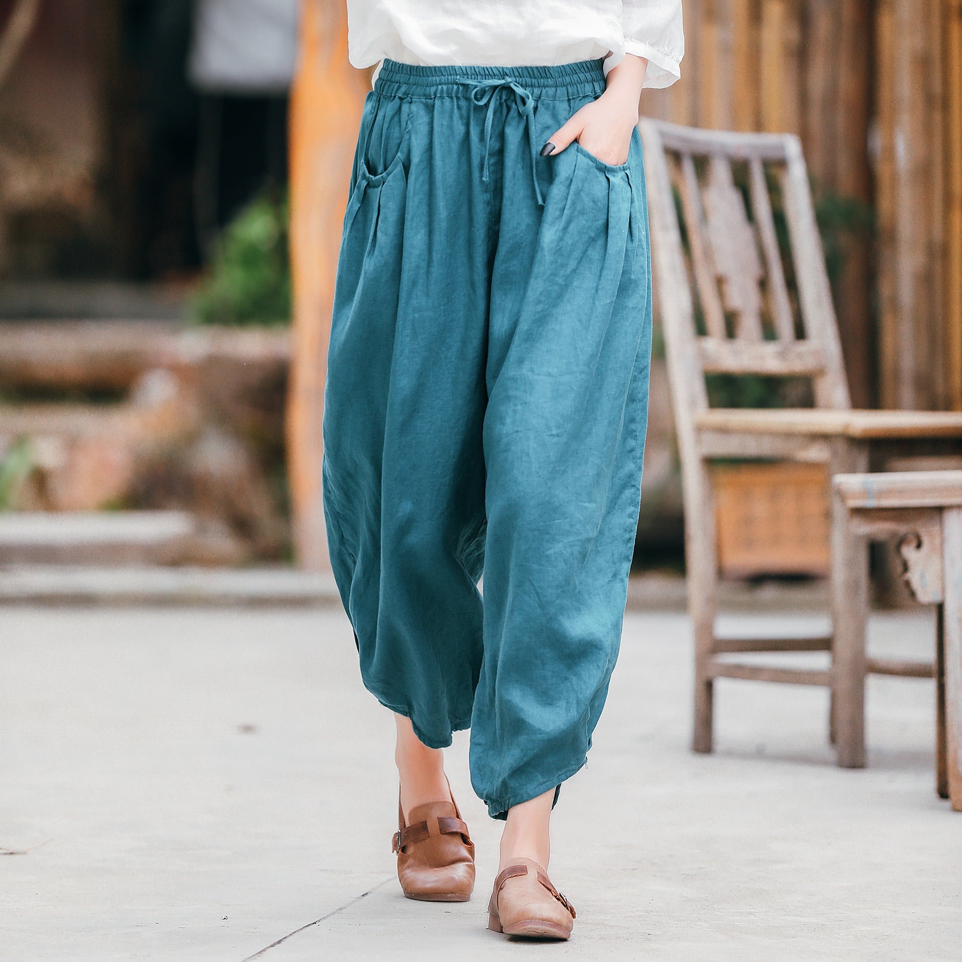 Ethnic Linen Elastic Waist Casual Pants for Women-Pants-Blue-One Size 45-65kg-Free Shipping Leatheretro