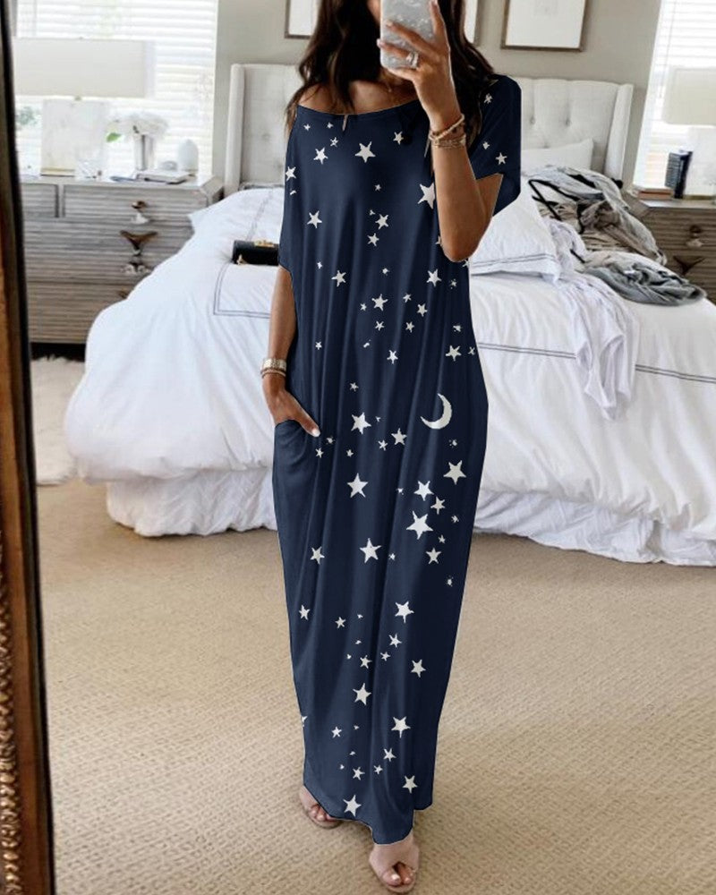 Casual Star & Moon Design Long Maxi Dresses-Dresses-Blue Star-S-Free Shipping Leatheretro