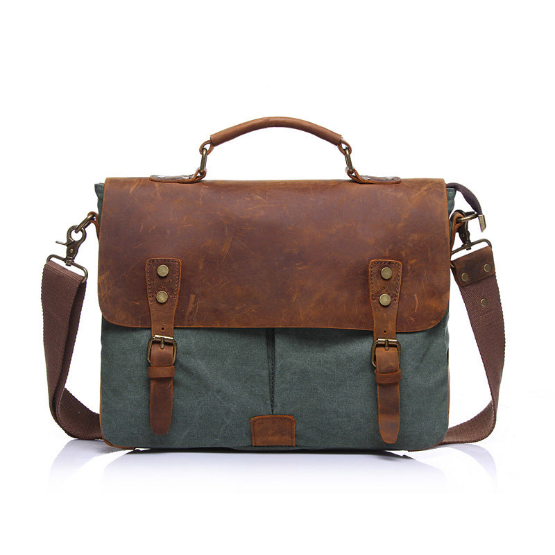 Vintage Leather Canvas Crossbody Business Briefcase-Leather Business Briefcase-Army Green-Free Shipping Leatheretro