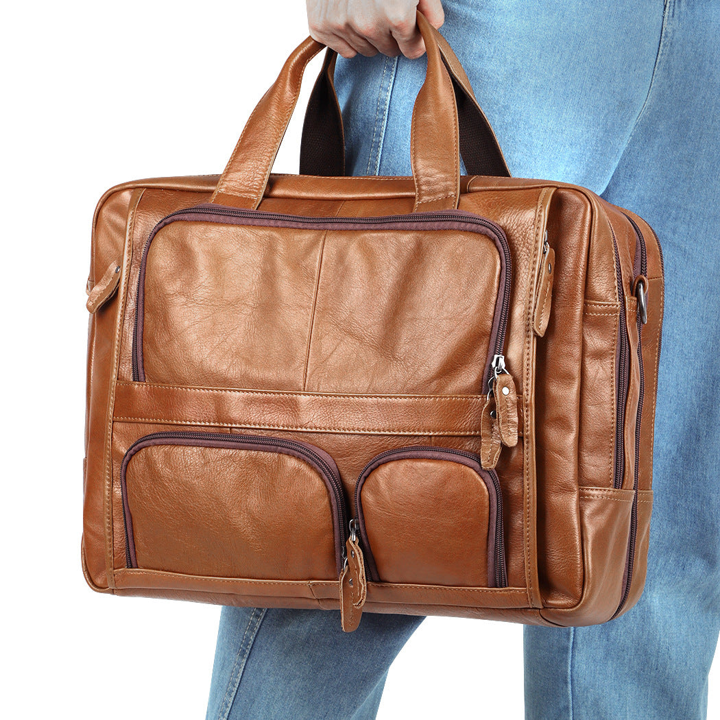 Men Handmade Leather 17" Briefcase Laptop Bags J6477-Leather Briefcase-Brown-Free Shipping Leatheretro