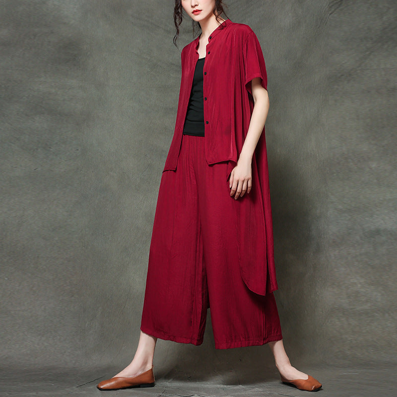 Leisure Summer Two Pieces Plus Sizes Summer Out Suits-Suits-Wine Red-M-Free Shipping Leatheretro