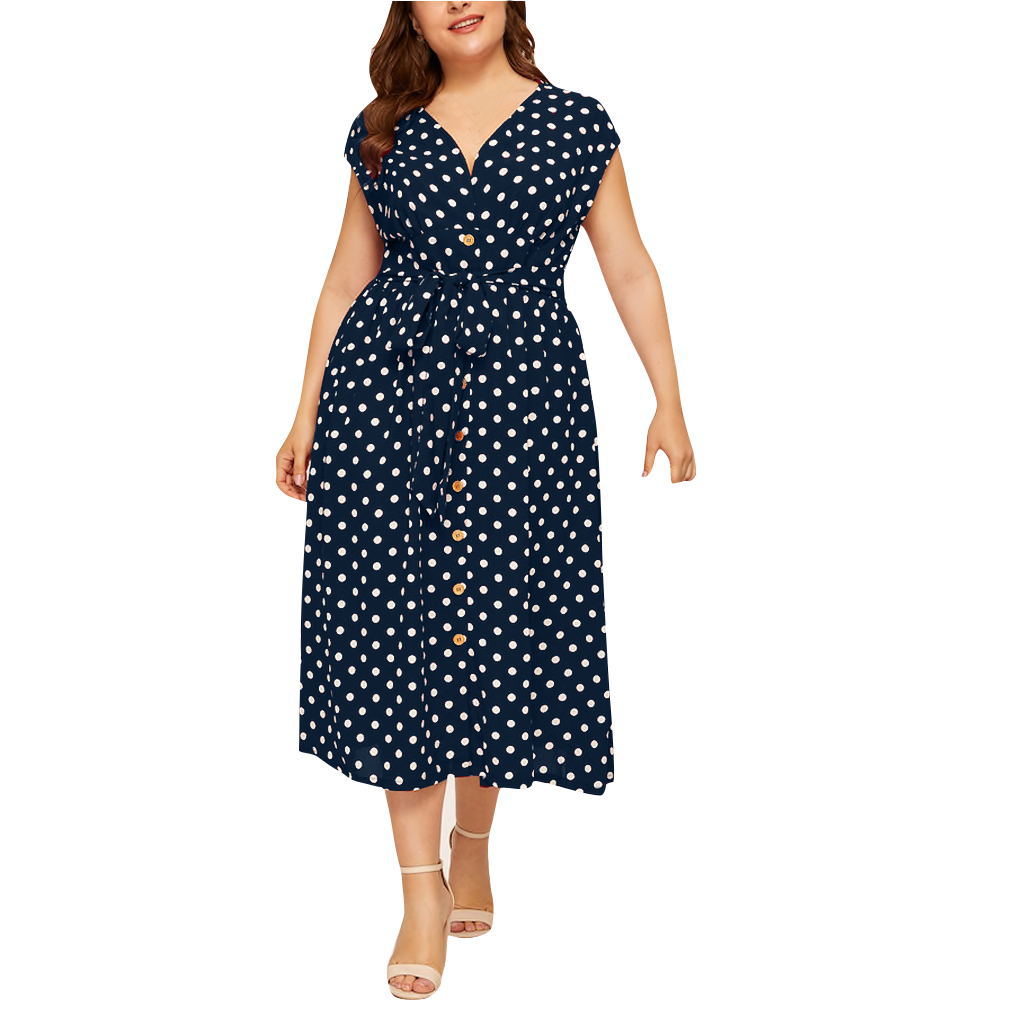 Women Plus Sizes Dot Print Summer Dresses-Dresses-White-L-Free Shipping Leatheretro