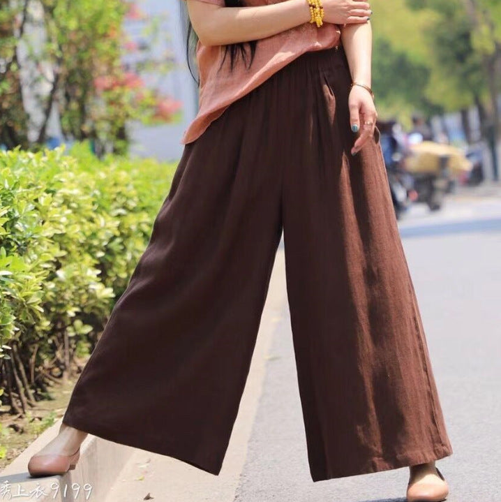 Vintage Elastic Waist Casual Wide Leg Pants-Pants-Coffee-One Size 45-75kg-Free Shipping Leatheretro