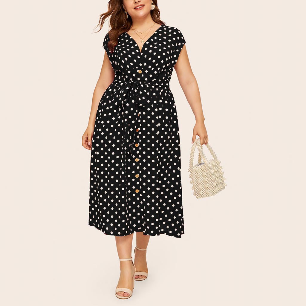 Women Plus Sizes Dot Print Summer Dresses-Dresses-White-L-Free Shipping Leatheretro