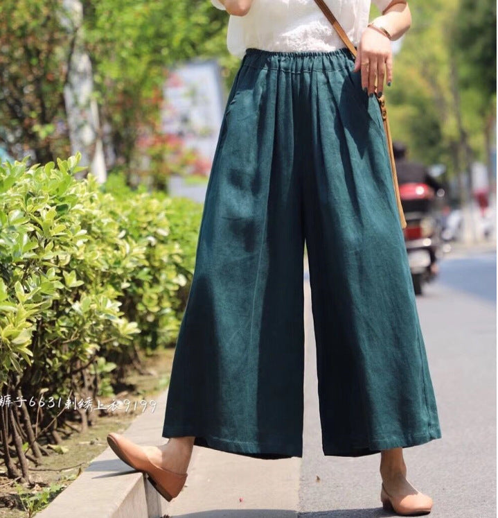 Vintage Elastic Waist Casual Wide Leg Pants-Pants-Dark Green-One Size 45-75kg-Free Shipping Leatheretro