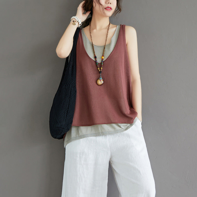 Casual Summer Fake Two Pieces Linen Women Vest Tops-Shirts & Tops-Brick Red-One Size-Free Shipping Leatheretro