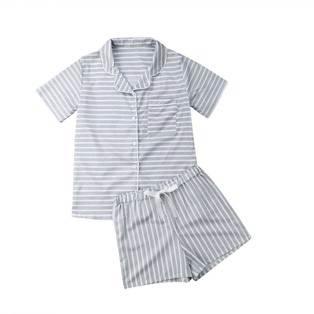 Leisure Summer Women Two Pieces Sleepwear-Sleepwear & Loungewear-Striped-S-Free Shipping Leatheretro