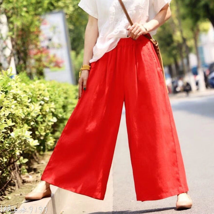 Vintage Elastic Waist Casual Wide Leg Pants-Pants-Red-One Size 45-75kg-Free Shipping Leatheretro