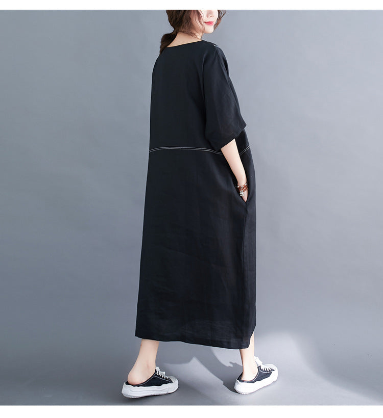 Summer Linen Plus Sizes Black Cozy Dresses-Dresses-Black-L-Free Shipping Leatheretro
