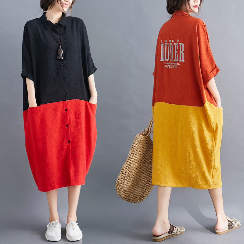 Summer Casual Linen Plus Sizes Midi Shirt Dresses-Dresses-Black and Red-XL-Free Shipping Leatheretro