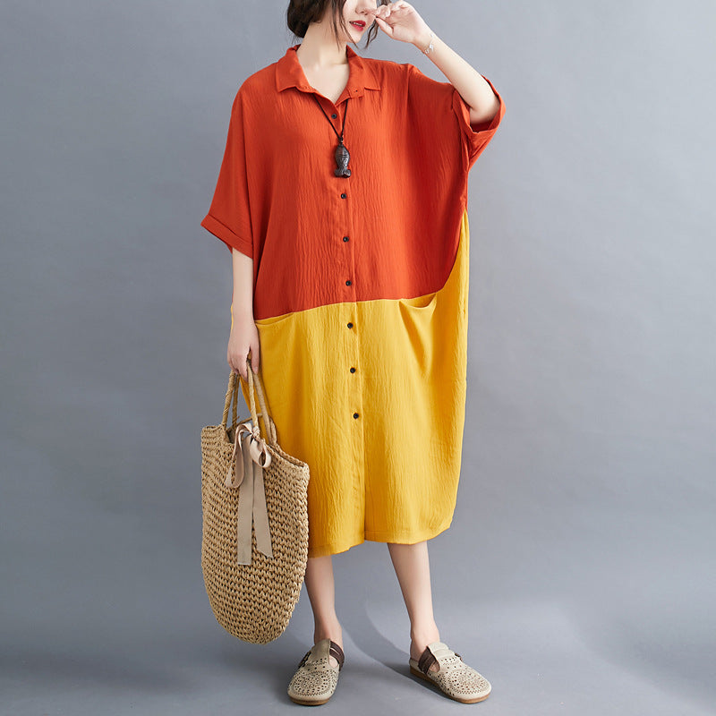 Summer Casual Linen Plus Sizes Midi Shirt Dresses-Dresses-Orange and Yellow-XL-Free Shipping Leatheretro