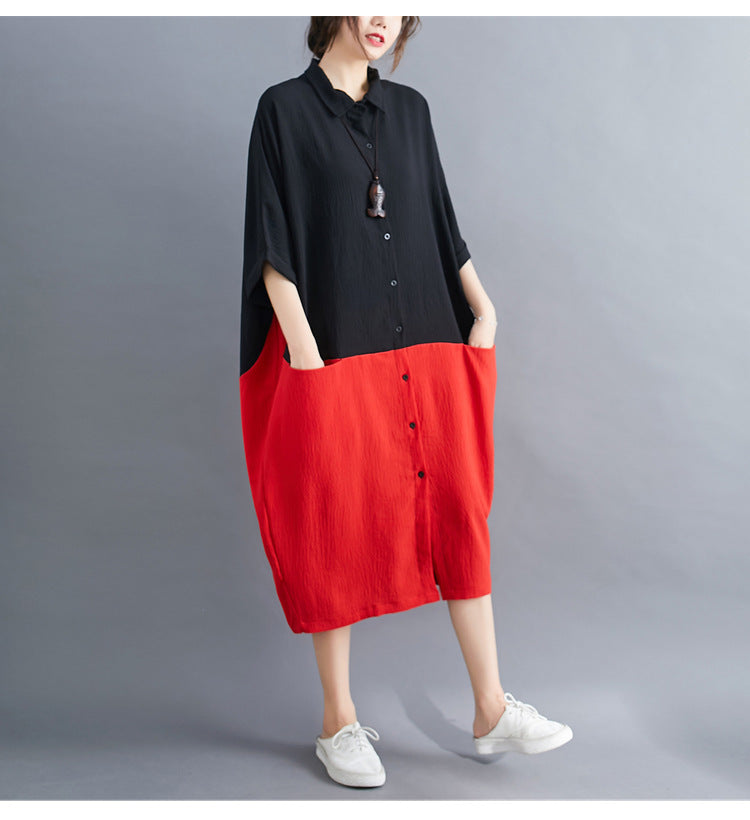 Summer Casual Linen Plus Sizes Midi Shirt Dresses-Dresses-Black and Red-XL-Free Shipping Leatheretro