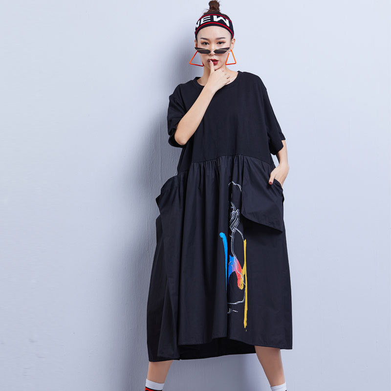 Summer Contrast Black Plus Sizes Midi Dresses-Dresses-Black-One size-Free Shipping Leatheretro