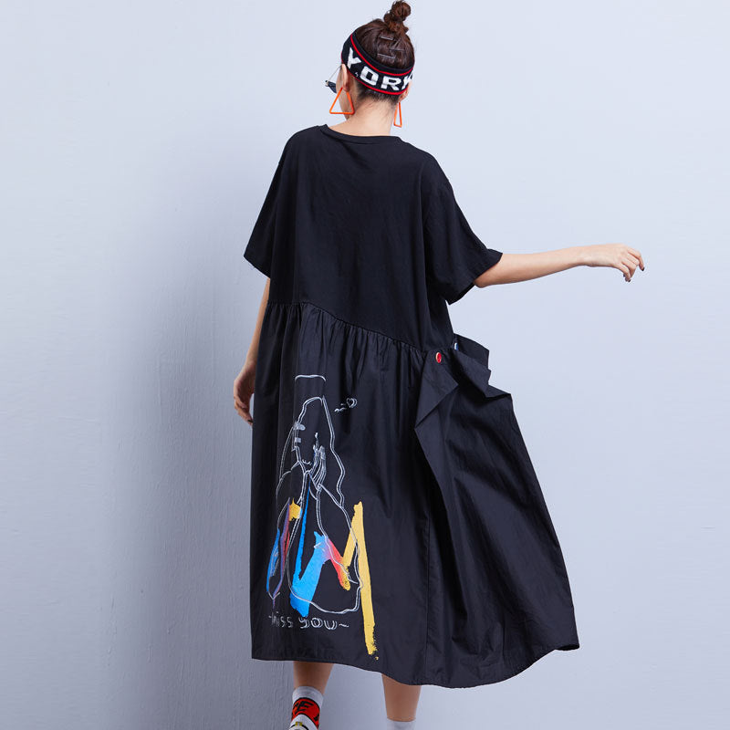 Summer Contrast Black Plus Sizes Midi Dresses-Dresses-Black-One size-Free Shipping Leatheretro