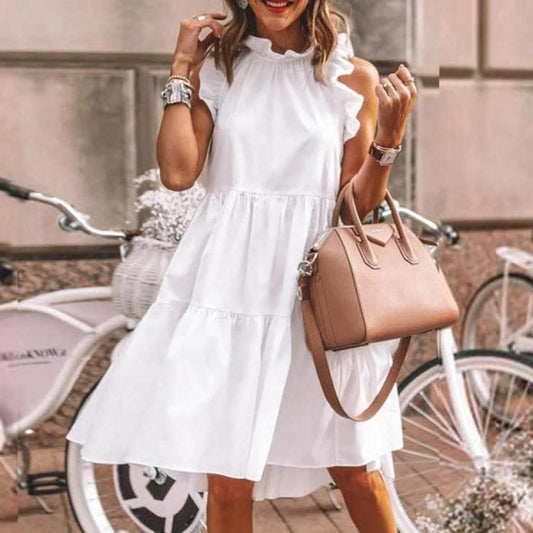 Casual Sleeveless Round Neck Dresses-Mini Dresses-White-S-Free Shipping Leatheretro