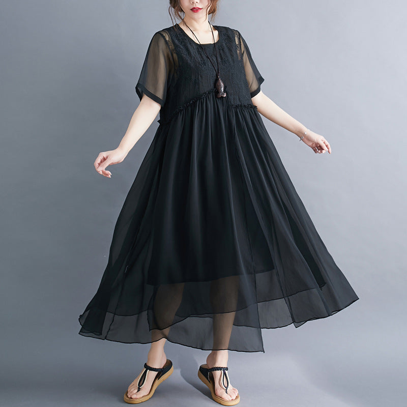 Summer Fairy Chiffon Women Plus Sizes Dresses-Dresses-Black-XL-Free Shipping Leatheretro