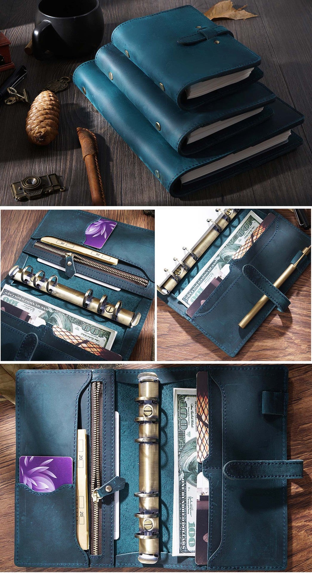 Vintage A5/A6 Sized 6 Ring Binder Leather Portfolio/Journal Book-Portfolios & Padfolios-Brown-A5-Free Shipping Leatheretro