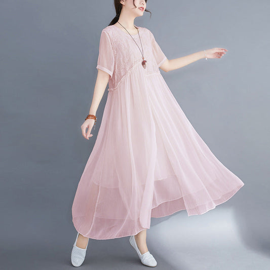 Summer Fairy Chiffon Women Plus Sizes Dresses-Dresses-Pink-XL-Free Shipping Leatheretro