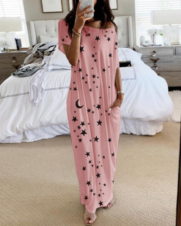 Casual Star & Moon Design Long Maxi Dresses-Dresses-Pink-S-Free Shipping Leatheretro