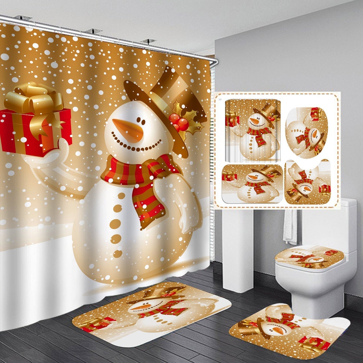 Christmas Dec Shower Curtain Bathroom Rug Set Bath Mat Non-Slip Toilet Lid Cover-Shower Curtain-180×180cm Shower Curtain Only-2-Free Shipping Leatheretro
