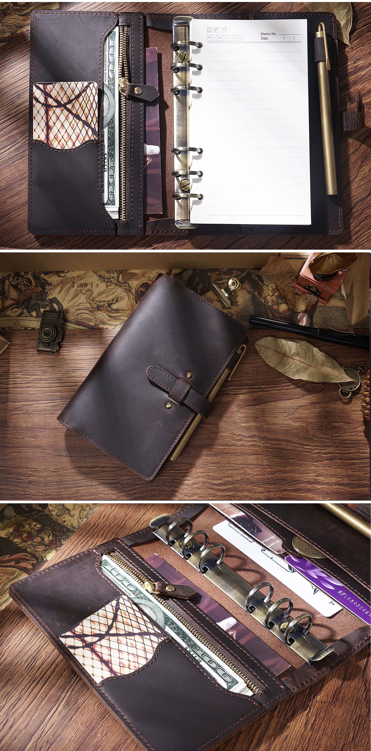 Vintage A5/A6 Sized 6 Ring Binder Leather Portfolio/Journal Book-Portfolios & Padfolios-Brown-A5-Free Shipping Leatheretro