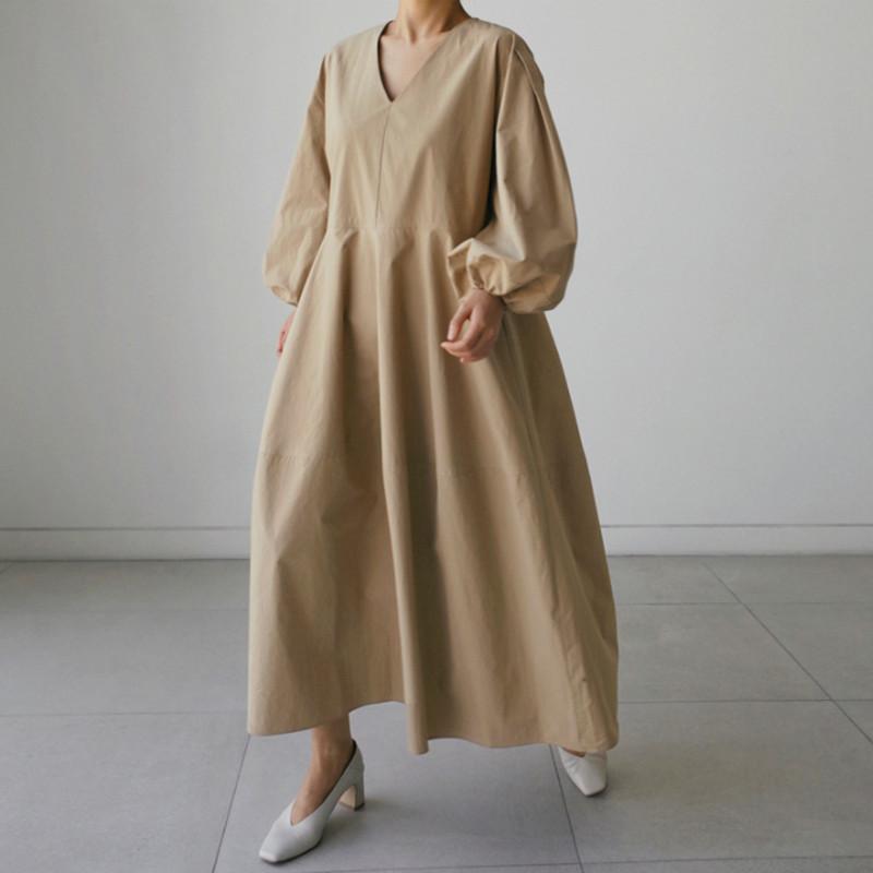 Women Loose Midi Length Casual Fall Dresses-Cozy Dresses-Khaki-S-Free Shipping Leatheretro