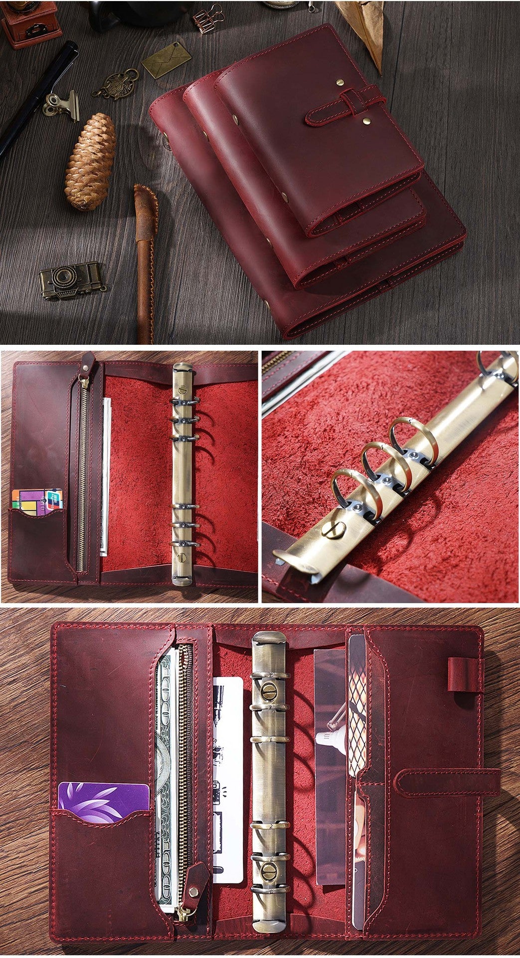 Vintage A5/A6 Sized 6 Ring Binder Leather Portfolio/Journal Book-Portfolios & Padfolios-Brown-A5-Free Shipping Leatheretro